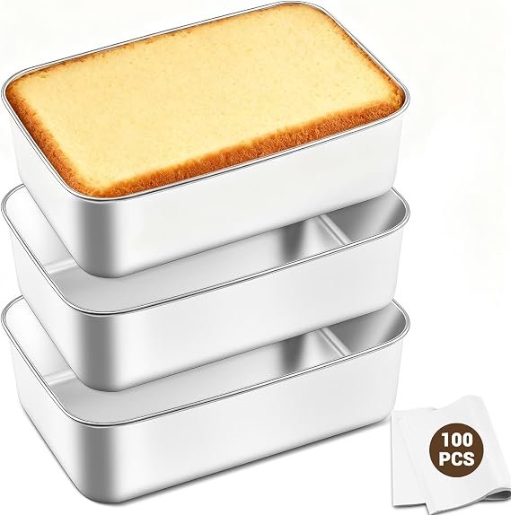 Bestdin 3 Pieces Rectangle Cake Pan Set - 8.75.72.4 inch, Stainless Steel Cake Pans with 100 Parchment Papers, Non-Stick & Rust proof Baking Pan for Cakes & Breads, Dishwasher & Oven Safe