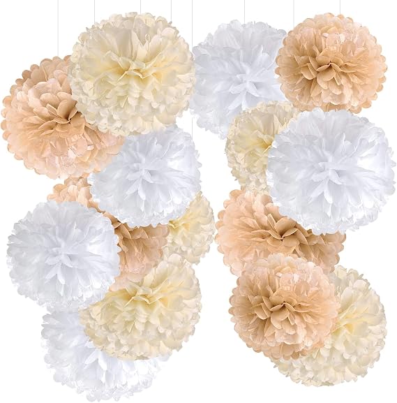 SUNBEAUTY 15 PCS Champagne Tissue Paper Pom Poms,Neutral Party Decorations,Creamy White Paper Flowers for Engagement Receptions, Wedding ,Birthday, Boho Bridal Showers Home Outdoor Decor