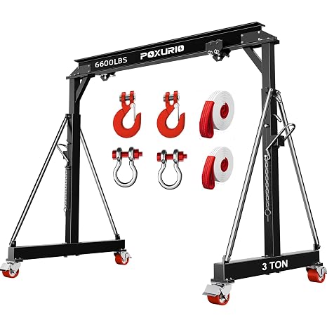 3 Ton 6600LBS Gantry Crane, 2026 Upgraded Trolley, Adjustable Height (8.53-12.47 FT), Width (9.06 FT), Steel I-Beam Construction, Portable Gantry Crane for Factories, Warehouses, Auto Repair, Black
