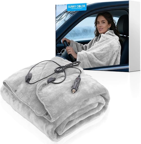 Wearable Car Electric Blanket 12 Volt Heated Travel Blanket Plug in Heating Throw for Car Truck SUV Van with Controller 2 Heating Level Ideal for Camping, Traveling(41x55, Gray)