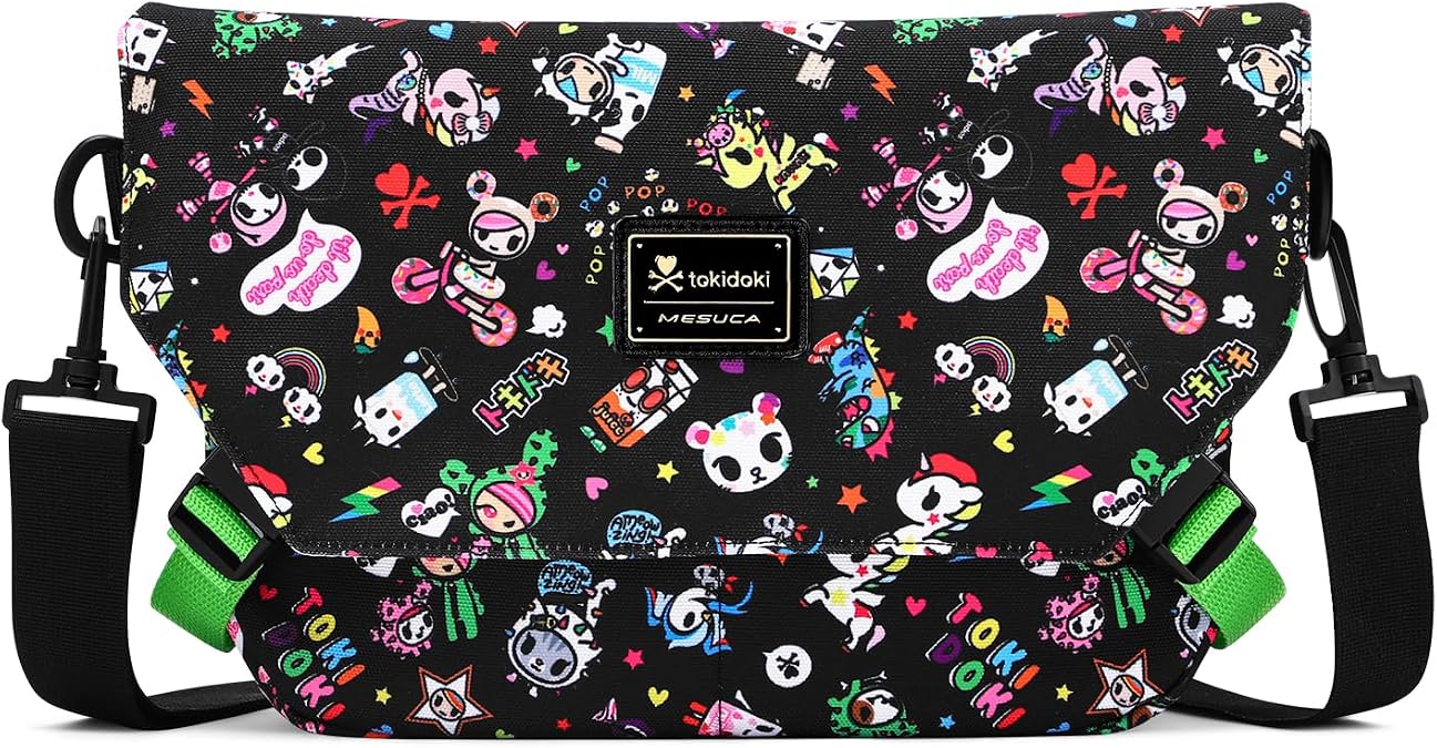 Tokidoki Unicorno Canvas Messenger Shoulder Bag Cute Crossbody Purse Casual Satchel for Women College Travel Office (Mess-Black)