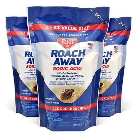 Enoz Roach Away Boric Acid Powder - Kills Cockroaches, Silverfish, and Ants - (3 Pack) 24 oz Bag