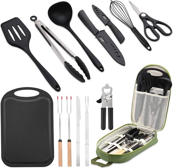 Wesqunie Camping Essentials Cookware Cooking Utensils Set - Portable Camp Kitchen Mess Kit Outdoor Accessories, Stainless Steel & Silicone, Camping Gear Equipment for RV Picnic Grill, 14PCS Green