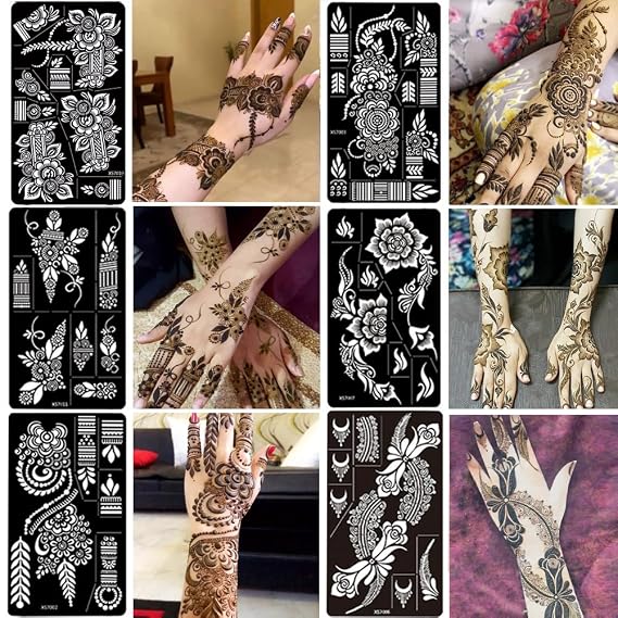 12 Sheet Henna Tattoo Stencils kit, Forearm Hand Temporary Tattoos Template