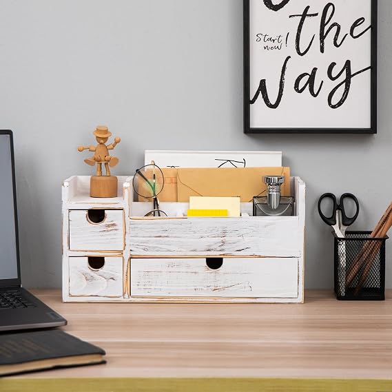 White Wooden Desktop Organizer 3 Removable Drawers Office Supplies Wood Storage Caddy Box Stationery Pencil Multiple Cabinet Slots Mail Holder Note Pads Accessories Home Makeup Tools Cosmetics