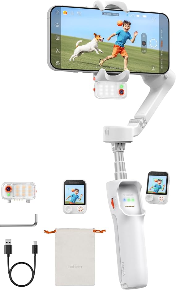 Hohem iSteady V3 Ultra Gimbal Stabilizer for Smartphone, AI Tracking Phone Gimbal, 1.22" Touchscreen Detachable Remote Control, Built-in Extension Rod & Tripod, 360 Infinite Pan, Vlog Filming, White