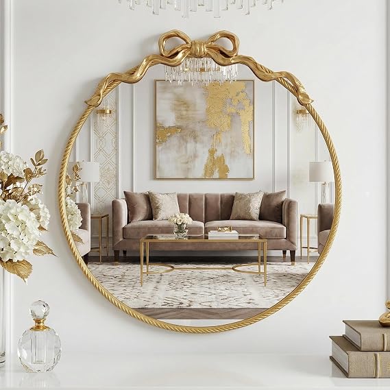Round Gold Bow Mirror, 30"x28" Vintage Mirror with Metal Frame