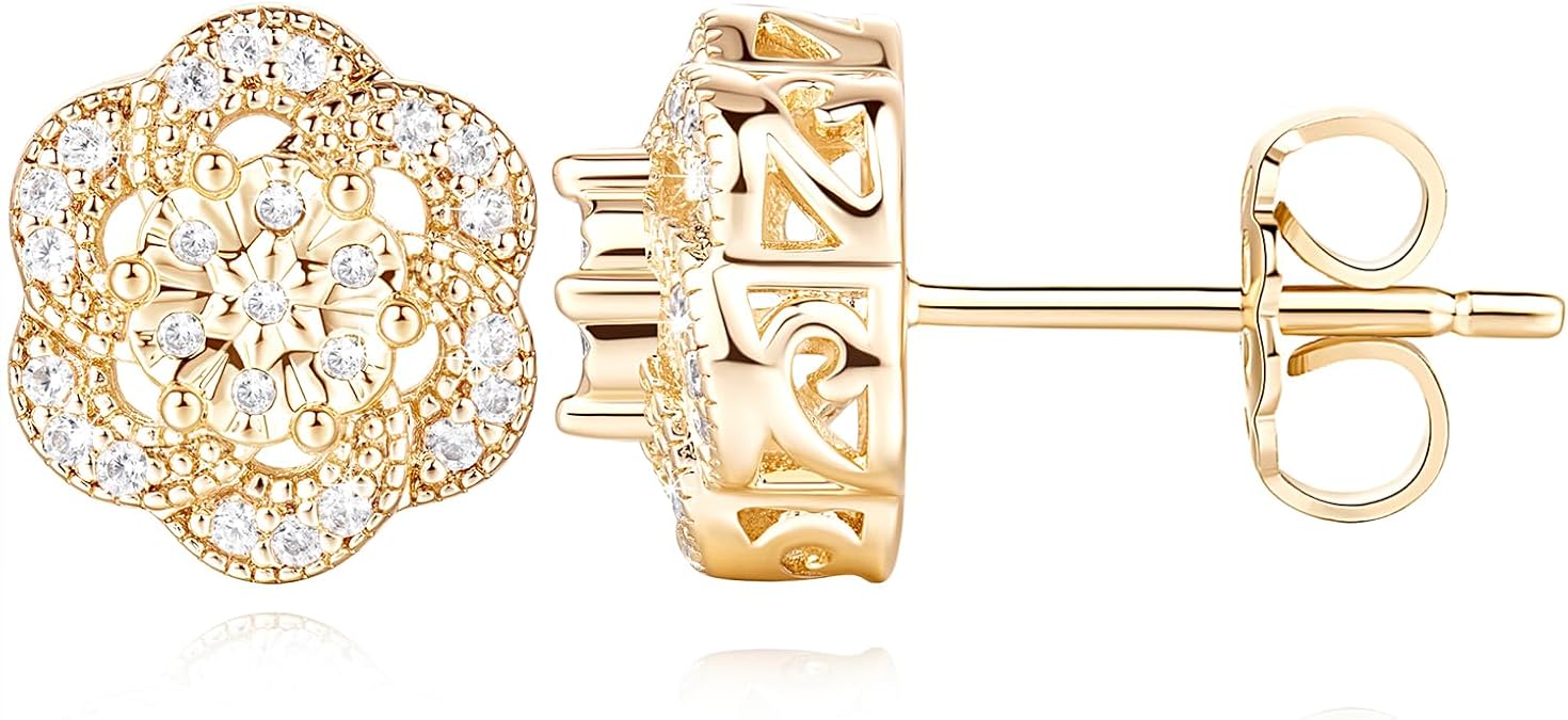 Gold Stud Earrings for women Trendy | Flower-shaped 14K Gold Earrings Studs Sparkling Zirconia 10mm