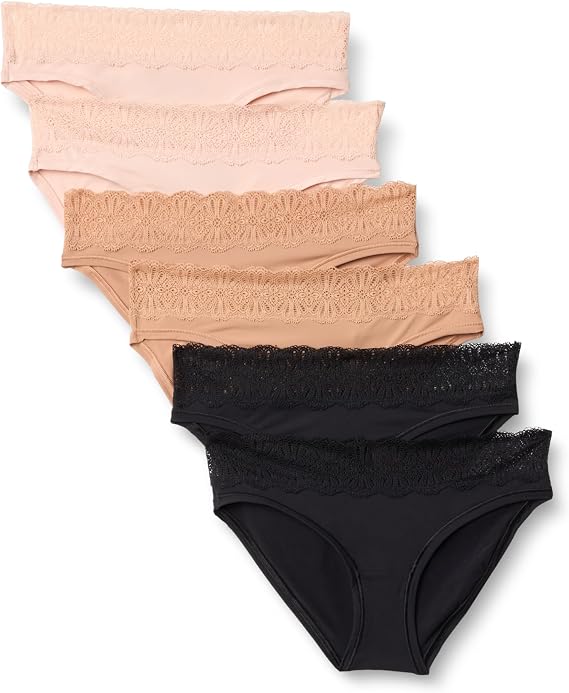 Amazon Essentials Women's Microfibre with Lace Trim Ladies Knickers, Bikini, Boyshort, Thong  Brief Styles, Pack of 6