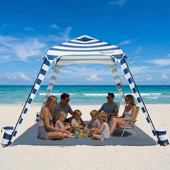 ABORON 10x10 FT Beach Cabana, Pop Up Beach Canopy, UPF 50+ | Relax all Day with UPF 50+ Sun Protection and Wind Protection,Spacious 100 Sq Ft Beach Canopy Sets up Easily for 4-6 People