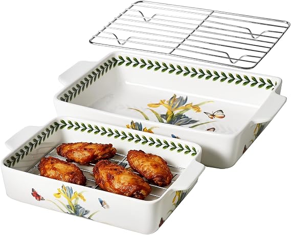 ACMLIFE Ceramic Casserole Dish for Oven, Ceramic Baking Dish Set with Roasting Racks, Floral Baking Dishes for Oven Lasagna Pan, Large Baking Dish with Handles, Durable and Oven Safe Pan, Gift Packaging 4 Pcs Set(13"x8"+10.3"x6.3") (Iris Roasting Rack)