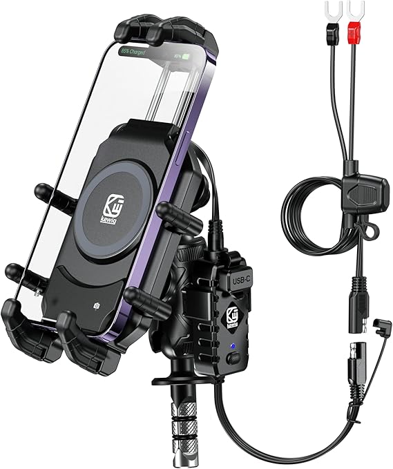 BRCOVAN Motorcycle Fork Stem Phone Mount with Qi 15W Wireless Charger & 36W PD/USB-C Fast Charging Port, Anti-Theft Motorcycle Phone Holder with Vibration Dampener for 5.4''-7.2'' Cellphones