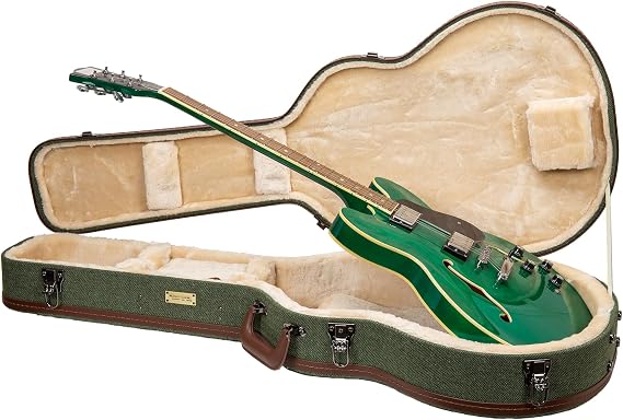 Crossrock 335 Style 6-String Semi-Hollow Electric Guitar Case | Green Chevron Tweed, Plush Velvet Interior, Genuine Leather Handle & Security Lock, Reinforced Hardware Master Series (CRW760SAGN)