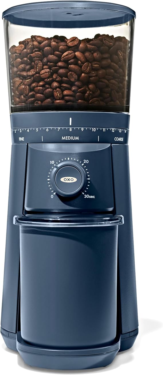 OXO Brew Conical Burr Electric Coffee Bean Grinder - 12 Oz, Storm Blue | Stainless Steel, One-Touch Automatic Smart Grind, 15 Settings For Espresso, French Press, Cold Brew