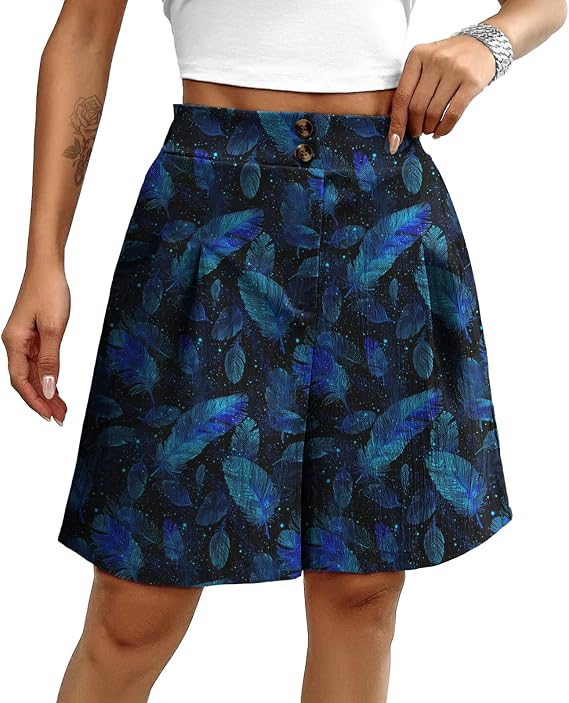 domirica Loose Shorts for Women Summer Vintage Pleated Button Trendy Shorts Wide Leg Summer Pants Beach Vacation Clothes