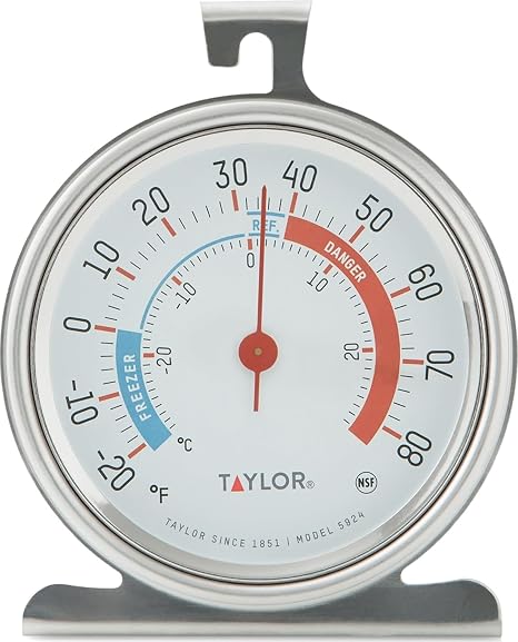 Taylor 5924 Large Dial Kitchen Refrigerator and Freezer Analog Thermometer, 3-Inch Dial, Easy to Read, Silver Finish, Accurate Temperature Monitoring