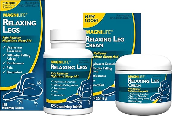 MagniLife Relaxing Legs Sublingual Tablets + Cream Bundle, 125 Count Tablets + 4 Oz Cream, Homeopathic Nighttime Restless Leg Support with Fast-Absorbing Lavender & Magnesium Body Care