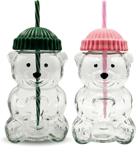 （2 glasses） Bear Cup Bear Straw Cup, Cute Bears Glass Cup with Straw, 500ml Reusable Glass Tumbler with Lid for Iced Coffee, Milk Tea, and Cocktails, Dishwasher Safe (green+pink)