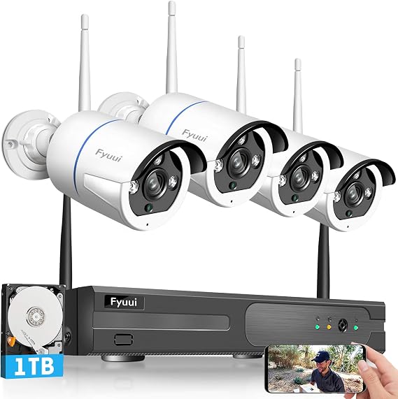 Two-Way Audio Security Camera System Wireless, Fyuui 1080P 8 Channel Wireless Surveillance NVR with 1TB Hard Drive, 4pcs 2.0 Megapixel (19201080P) WiFi IP Bullet Camera Outdoor Indoor,Remote Access