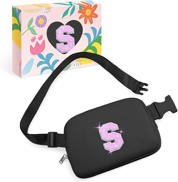 COSHAYSOO Initial Letter Fanny Pack for Girls Personalized Christmas Birthday Gifts for 6 7 8 9 10 11 12 Year Old Teen Girl, Girly Fashion Crossbody Purse Belt Bag Preteen Tween Trendy Stuff Black S