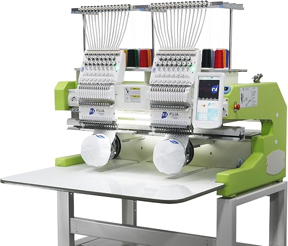 FUJA 2 Head 15 Needle Commercial Embroidery Machine for Business | Dual head 20"x16" embroidery machine for 3D Caps, Tshirts, patches and repeat logo orders in growing production shops