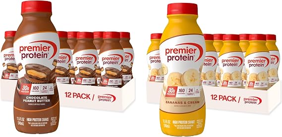 BUNDLE: Premier Protein Shake, Chocolate Peanut Butter (12 Pack) + Bananas & Cream (12 Pack), 30g Protein, 11.5 Fl Oz (24 Shakes Total)