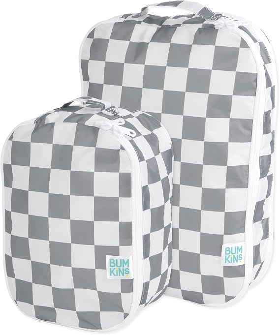 Bumkins Packing Cubes for Travel Bag, Organize Luggage with Compression Bags, Essential Traveling Accessories to Pack Carry On Suitcase, Must for Clothes or Toiletries, Set of 2 Sizes, Gray Check