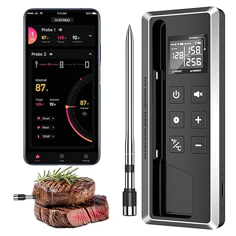 Meat Thermometer Digital - Instant Read Grill Food Thermometer Wireless, 0.19In Ultra-Thin Dual Sensor Probe, 5.2 Bluetooth 800ft App Alerts, IP67 Waterproof for BBQ, Oven, Kitchen