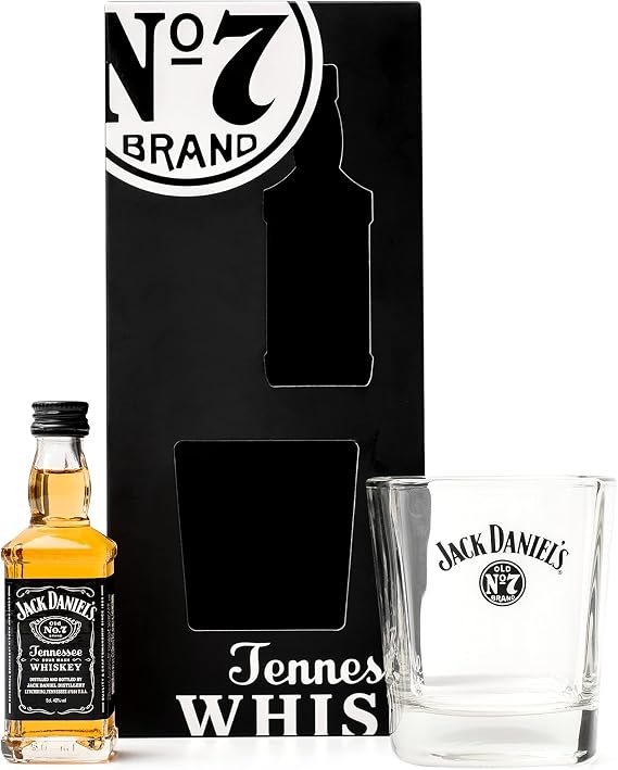 Jack Daniels Gift Set - Mini Whisky Gift Set 1x 5cl JD Whisky Old No7 Alcohol Miniatures, JD Tennessee Whiskey Glass - Birthday Gifts for Men, Boyfriend Gifts for Him, Christmas