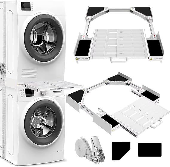 NIUXX Stacking Kit for Washer Dryer: Washing Machine Stacker with Shelf | Laundry Stackable Unit with Pull-Out Detachable Board Shelf for 53-68 cm Washer Dryer - Ratchet Ropes & Anti-Vibration Pad [Energy Class A]