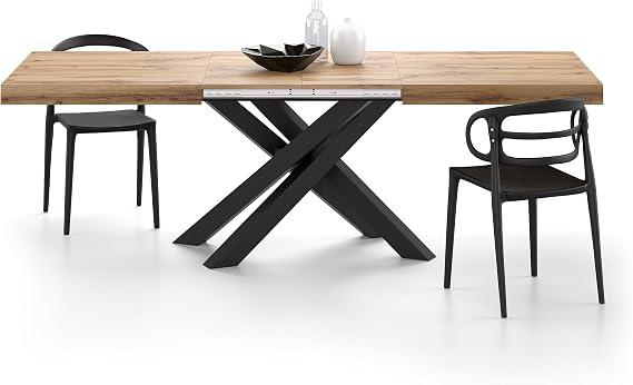 Mobili Fiver, Emma 63(94.5) x35.4 in Extendable Table, Rustic Oak with Black Crossed Legs, Made in Italy