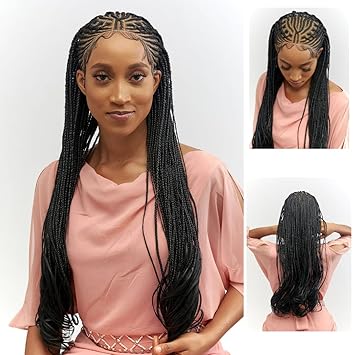 Wow Braids Full 360 HD Transparent Lace Front Braided Fulani French Curls cornrow Wig, with Baby Hair and curly tips - Synthetic hand-made box braids wig for black women