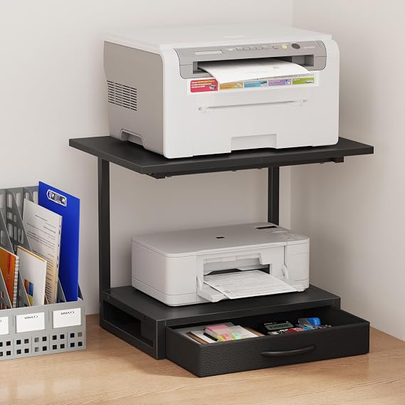 YAOHUOO 2-Tier Desktop Printer Stand with Fabric Drawer,19.6"x14.9" Black