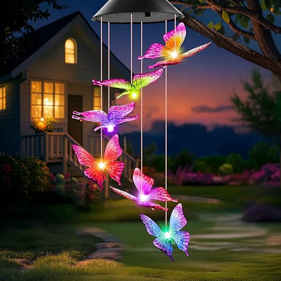 Birthday Gifts for Women, Gardening Gifts for Mom Grandma Nana Wife Sister, Winzwon Solar Lights Outdoor Wind Chimes for Outside Garden Yard Patio Porch Decor Butterfly Decorations