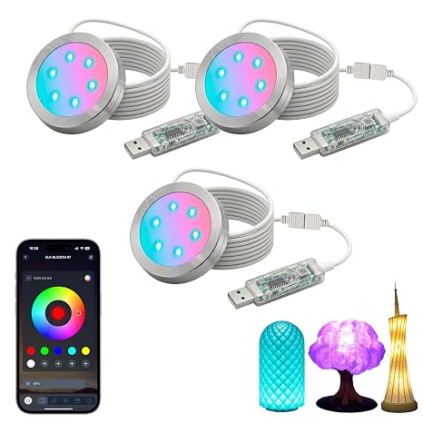 3 Stück RGB LED Lamp Kit 001 für Bambu Lab 3D-Druck Bluetooth-App-Steuerung USB LED Rundleuchte DIY Lampen-Bausatz Gruppensteuerung Musiksynchronisation 16 Millionen Farben