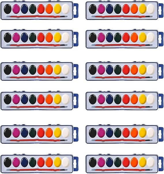 Watercolor Kids Large Paint Set Pack of 12 - Each Set Incudes Eight Water Paint Colors Paint in Tray with Painting Brush for Art Party Favors, Kids Prizes, Stocking Stuffers and Paint Party Supplies