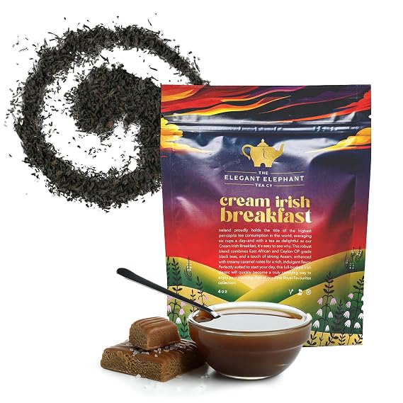 Cream Irish Breakfast Tea, Loose Leaf Black Tea Irish Classic with Caramel & Strong Assam Robust, Full-Bodied Drink Hot or Iced 4 oz Resealable Bag (Makes 50 Cups) The Elegant Elephant
