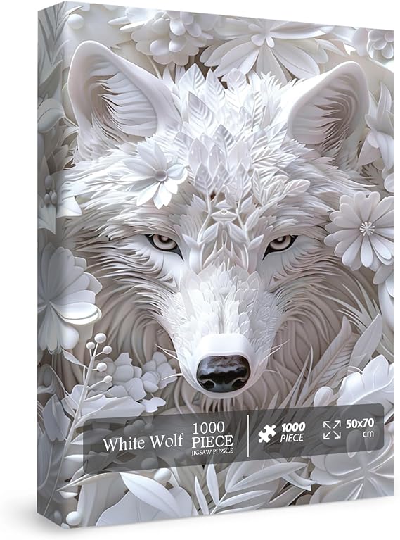 Impossible Flower Wolf Puzzles for Adults 1000 Pieces, Hard Difficult Animals White Jigsaw Puzzles, Floral Winter Wolves Art Puzzles