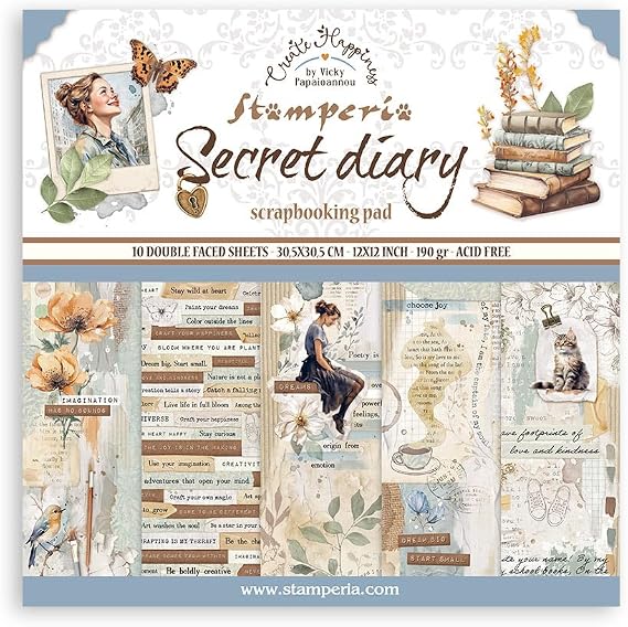 Stamperia - Scrapbook Paper Pad for Scrapbooking Albums Card Making Bullet Journalling and More Acid Free Double-Sided Perfect for Hobbies Crafts and Gifting (Secret Diary) (30.5 x 30.5cm)