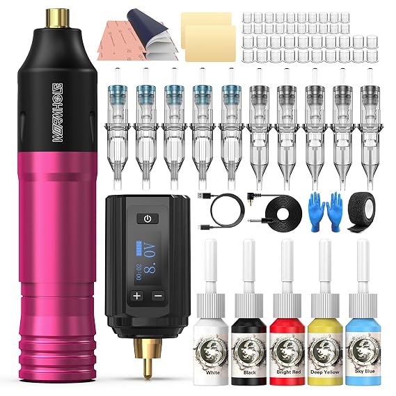Wormhole Wireless Tattoo Gun, Complete Professional Tattoo Kit with Rotary Tattoo Machine Kit, Complete for Beginners Tattoo Pen Tattoo Pen Kit - Pink