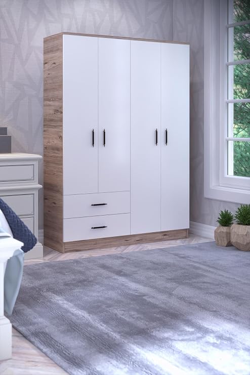 Abete - 4-door, 2-hang Wardrobe With 2 Drawers - Atlantic Pine/white