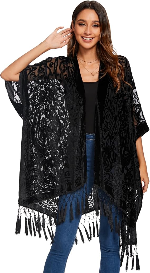 Women's Burnout Velvet Kimono Long Cardigan Cover Up With Tassel