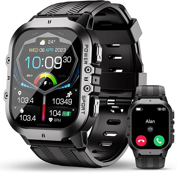 BT20 Military Smart Watches for Men(Answer/Make Calls), 1.96'' Fitness Smart Watches for Android/iPhone, Waterproof Smart Watch with Blood Pressure/Heart Rate/100+ Sport Modes, Watches for Men