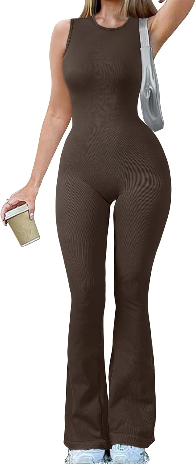 OQQ Women Yoga Jumpsuits Ribbed Crew Neck Sleeveless Bell Bottoms Flare Jumpsuits