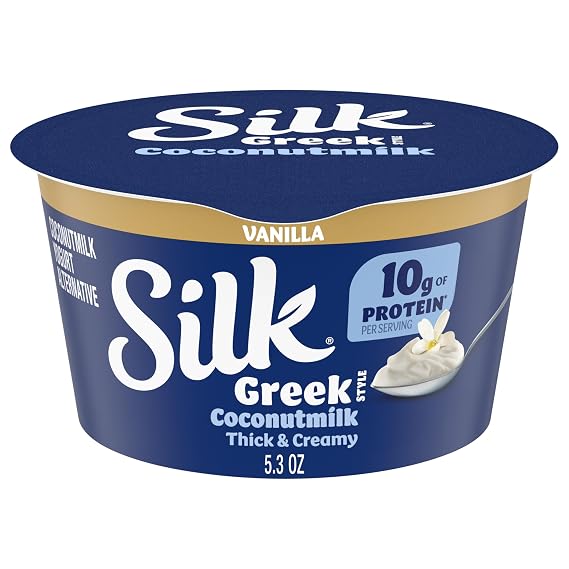 Silk Vanilla Dairy Free, Greek Style Coconut Milk Yogurt Alternative, Thick and Creamy Plant Based Yogurt with 10 Grams of Protein, 5.3 OZ Container