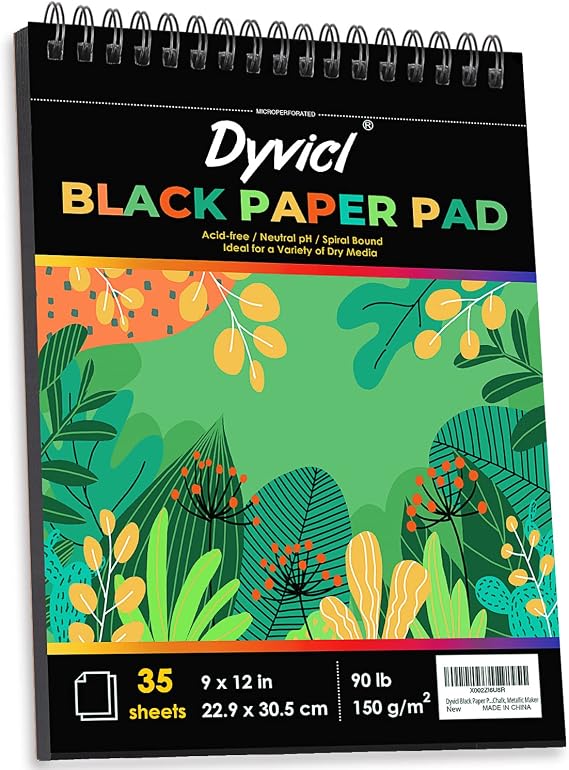 Dyvicl Black Paper Sketchbook 9"x12", 90 lb/150 GSM, 35 Sheets, Spiral Black Sketch Pad Drawing Paper for Pencil, Pastel, White Ink Gel Pen, Charcoal, Chalk, Metallic Marker, Paint Pen