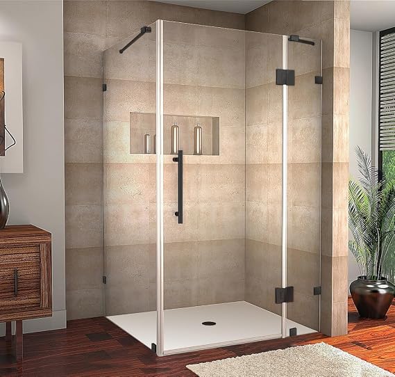 Avalux 50 in. W x 36 in. D x 72 in. H Rectangular Pivot Frameless Corner Shower Enclosure in Matte Black with Clear Glass