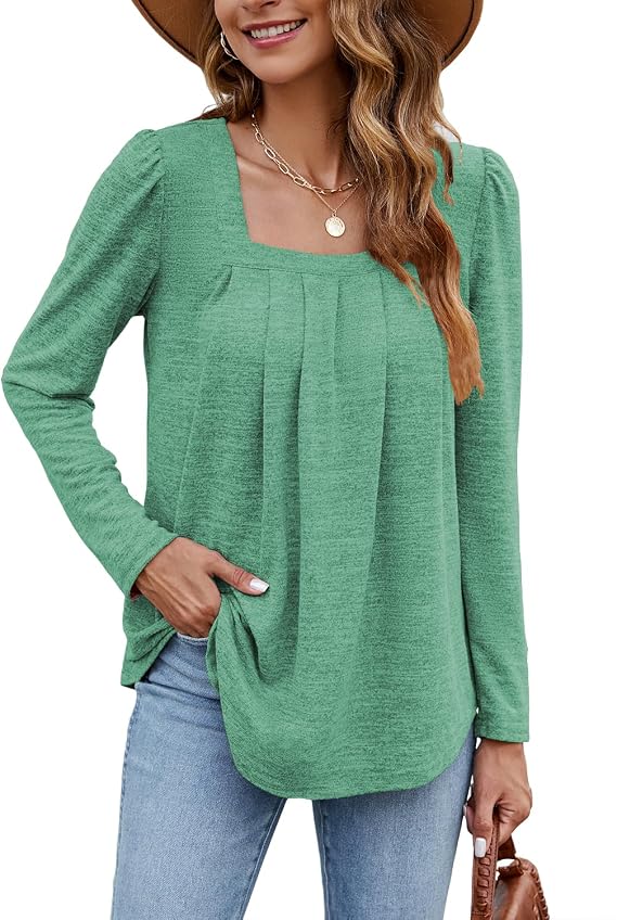 Long Sleeve Shirts for Women Casual Pleated Square Neck Tunic Tops