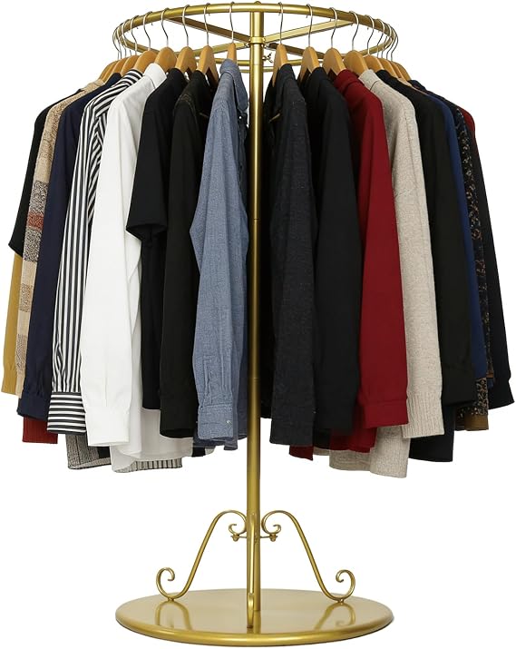 Hanging Clothes Rack, 360° Rotating Clothing Rack, Round Commercial Floor Standing Garment Retail Iron Display Stand for Mall Retail Clothes Boutiques Laundry Room