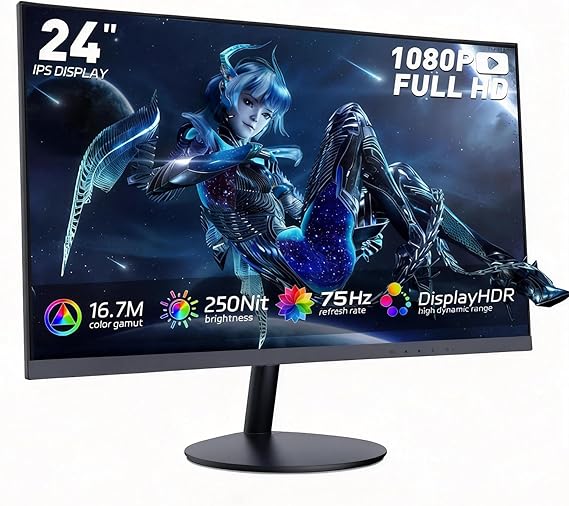 24 Inch FHD 1080P Gaming Monitor, 75Hz Refresh Rate, 3ms Response Time, AMD FreeSync, Low Motion Blur, Frameless Bezel, HDMI & DisplayPort, VESA Mount for PC Gaming